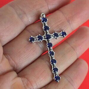 925 Sterling Silver Pendant Cross 2.5x4cm with Natural Sapphire Gem